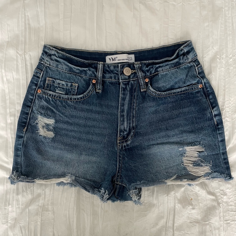 Distressed high rise denim shorts